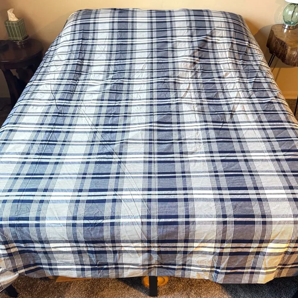 Yves Delorme King Duvet Cover Blue White Plaid 100% Cotton Luxury Made in France